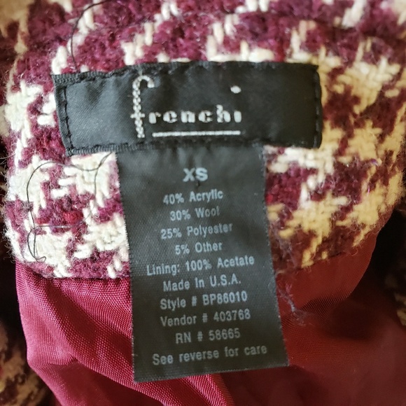 Frenchi Red & Black Houndstooth Wool Coat women's size XS - Picture 4 of 6